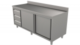 Rvs Werktafel Rand Met Schuifdeuren en Laden Links 1600 x 700-line