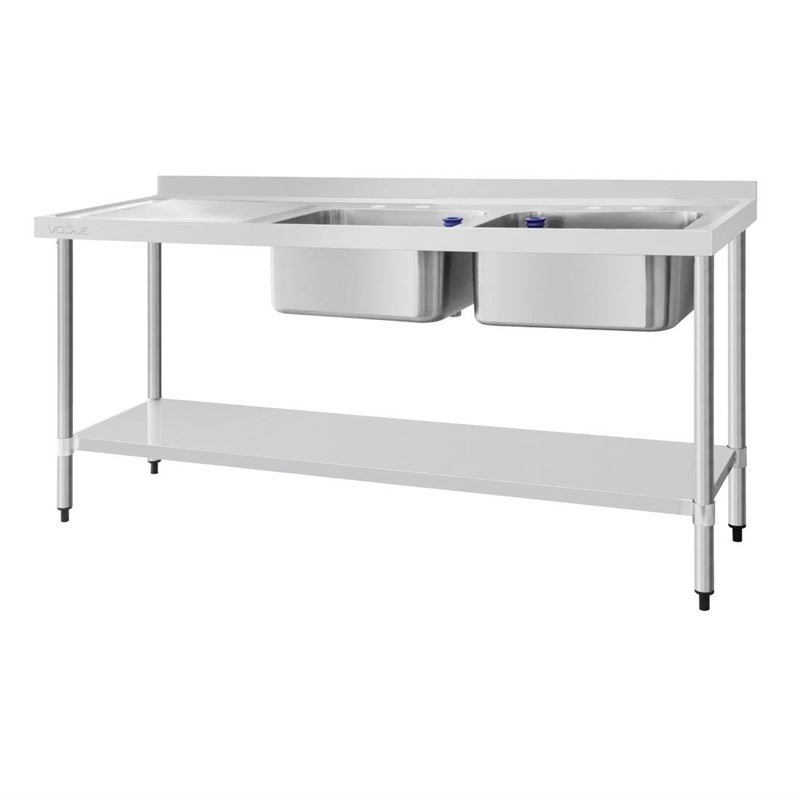 Vogue RVS spoeltafel dubbele spoelbak afdruiprek links 180x60cm Vogue RVS spoeltafel dubbele spoelbak afdruiprek links 180x60cm