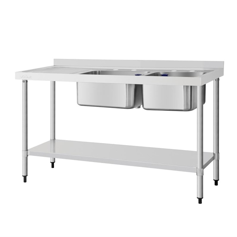 Vogue RVS spoeltafel dubbele spoelbak afdruiprek links 150x60cm Vogue RVS spoeltafel dubbele spoelbak afdruiprek links 150x60cm