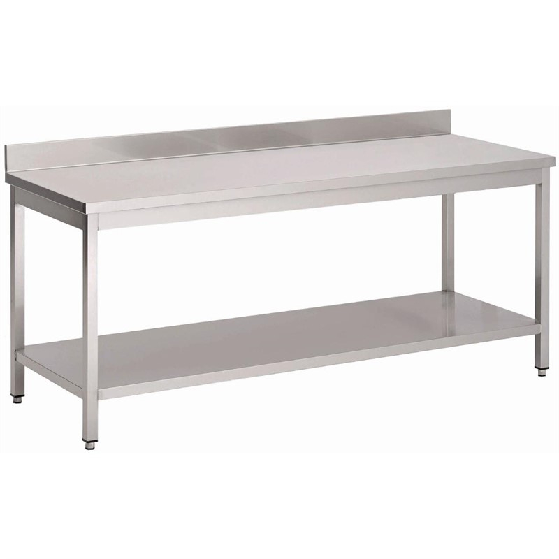 Gastro M RVS werktafel met onderblad en achteropstand 85x200x70cm Gastro M RVS werktafel met onderblad en achteropstand 85x200x70cm