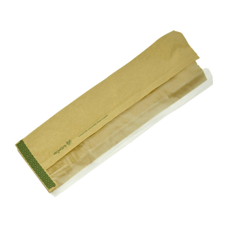 Vegware Kraft Baguette Bag met PLA Zijvenster 4 Vegware Kraft Baguette Bag met PLA Zijvenster 4