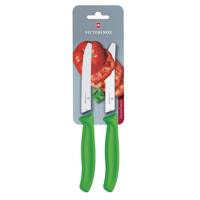 Victorinox Gekarteld Tomaat/Utility Mes 11cm Groen (Pak van 2) Victorinox Gekarteld Tomaat/Utility Mes 11cm Groen (Pak van 2)