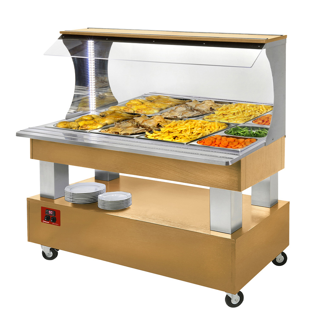 Warm wandbuffet, bain-marie, 4x GN 1/1-150 (Licht eiken hout) Warm wandbuffet, bain-marie, 4x GN 1/1-150 (Licht eiken hout)
