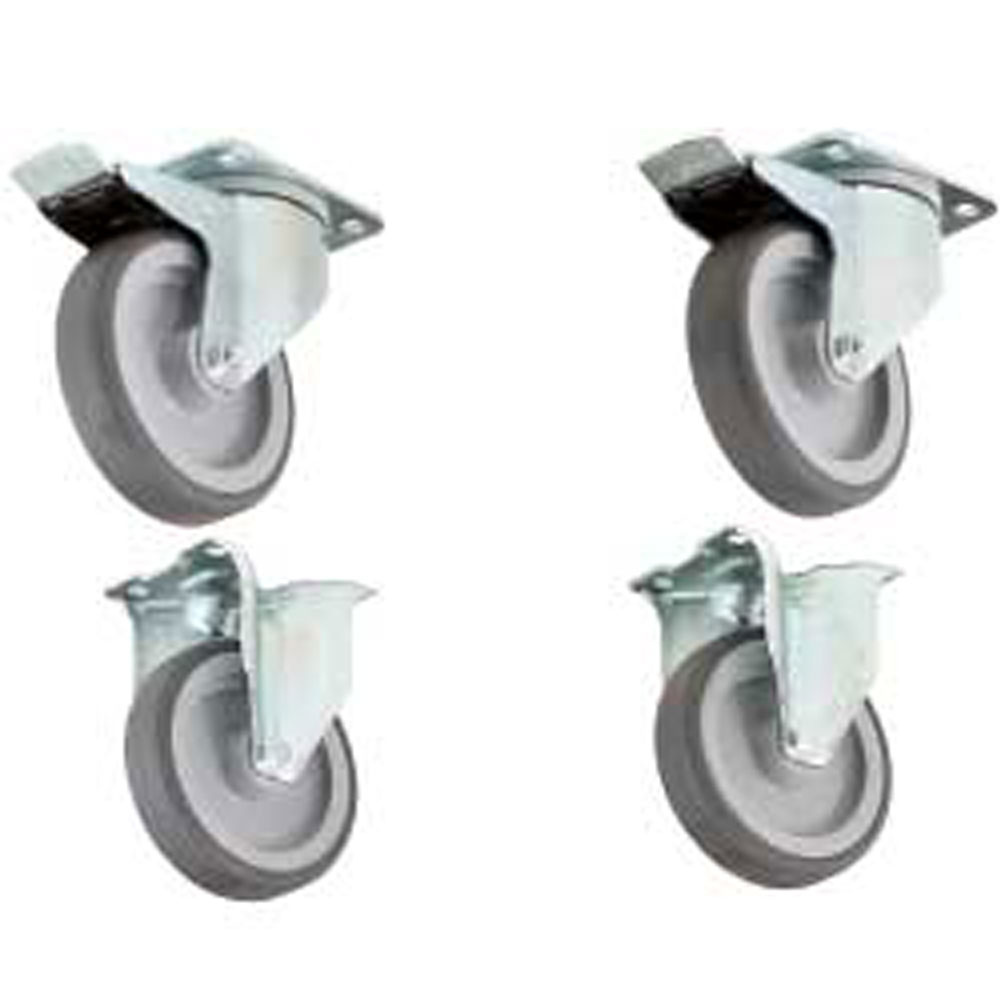 Kit van 4 wielen, 2 met rem voor steun en kast Kit van 4 wielen, 2 met rem voor steun en kast