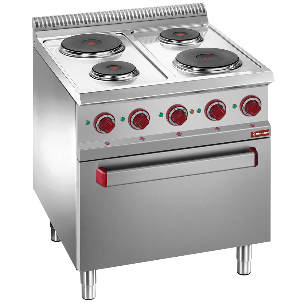 Elektrisch fornuis 4 platen op elektrische oven GN 2/1 en gril Elektrisch fornuis 4 platen op elektrische oven GN 2/1 en gril