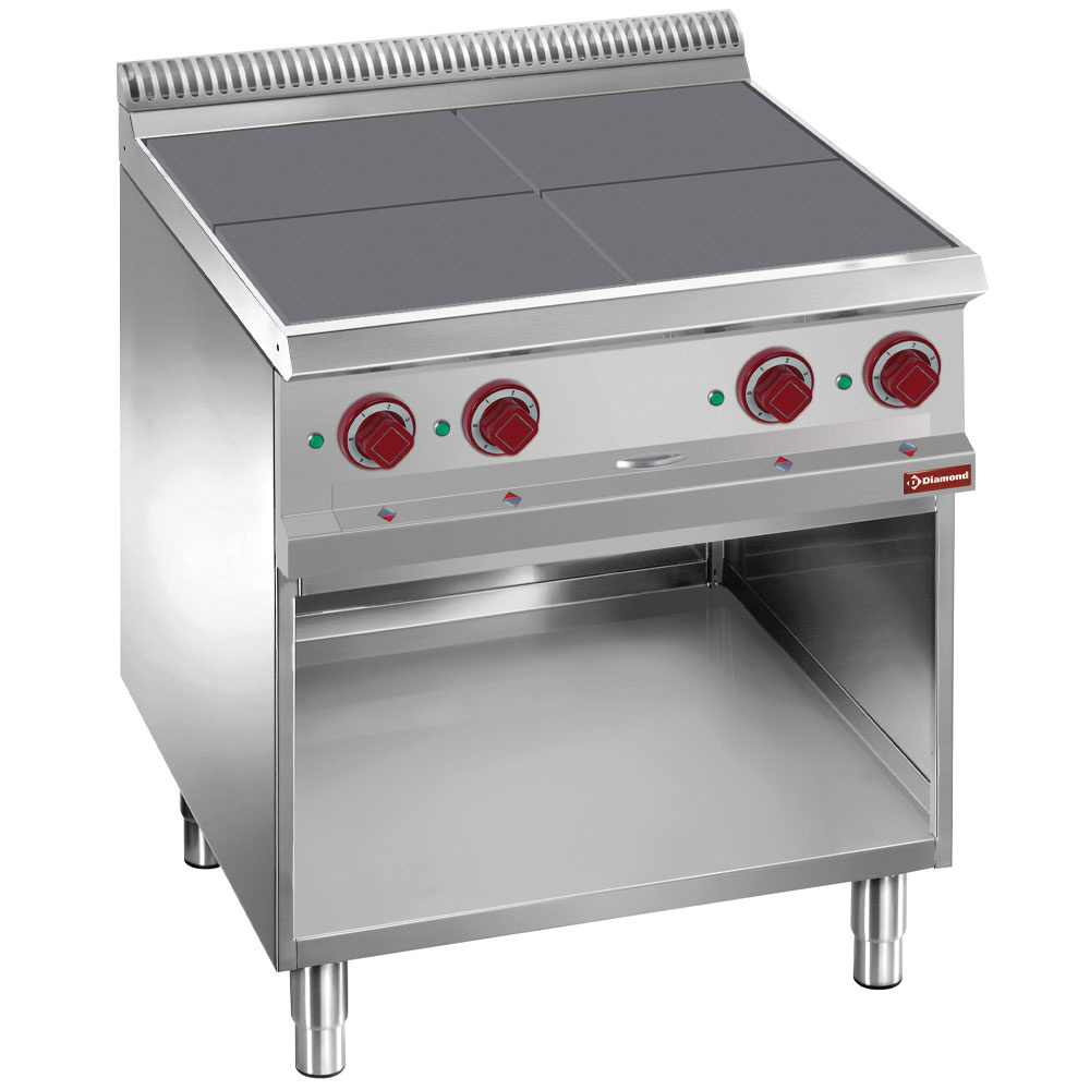 Elektrisch fornuis 4 verlaagde platen, op open kast. Elektrisch fornuis 4 verlaagde platen, op open kast.