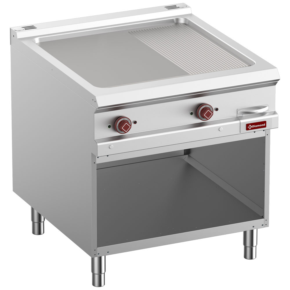 Elektrische bakplaat, 2/3 vlak, 1/3 geribd module 1/1, op open kast. Elektrische bakplaat, 2/3 vlak, 1/3 geribd module 1/1, op open kast.