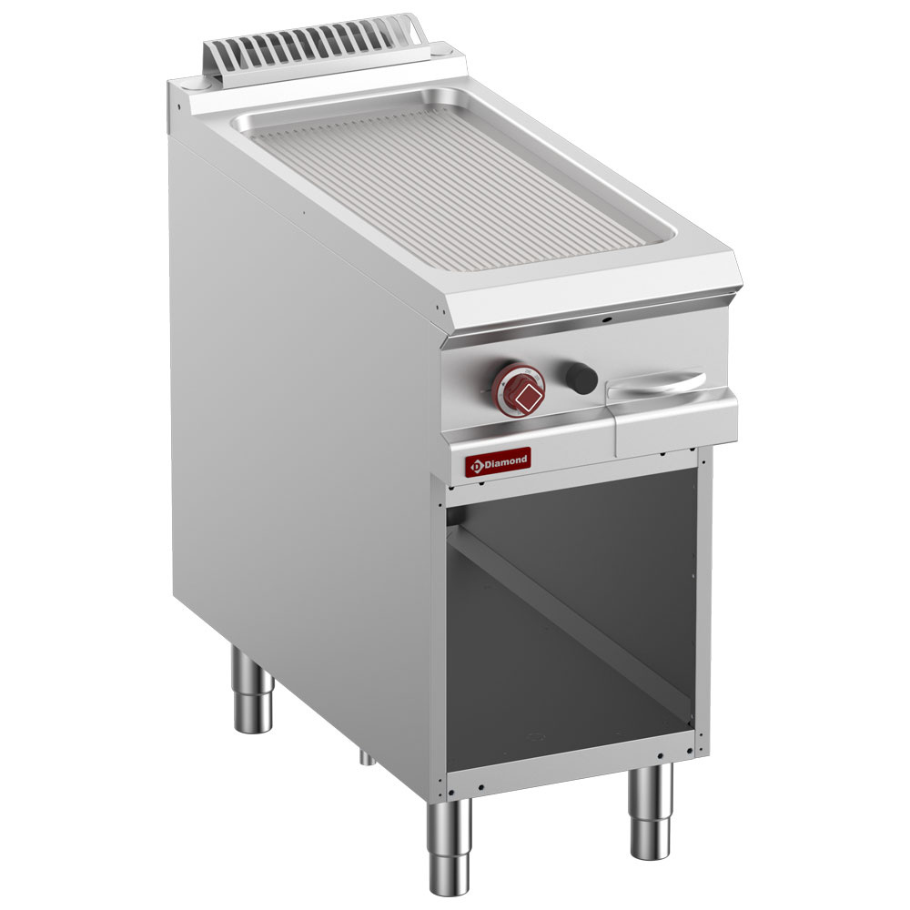 Bakplaat op gas met geribde plaat, module 1/2, op open kast Bakplaat op gas met geribde plaat, module 1/2, op open kast