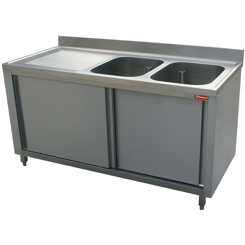 Spoeltafel 2 kuipen 600x500xh325, links druipvlak op kast met 2 schuifdeuren Spoeltafel 2 kuipen 600x500xh325, links druipvlak op kast met 2 schuifdeuren