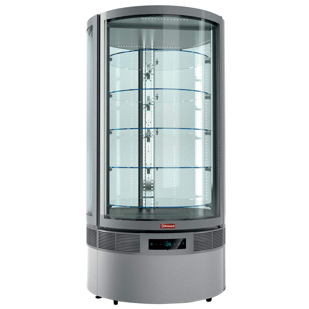 Glazen vitrine, cilinder, 5 niveaus, geventileerd Glazen vitrine, cilinder, 5 niveaus, geventileerd