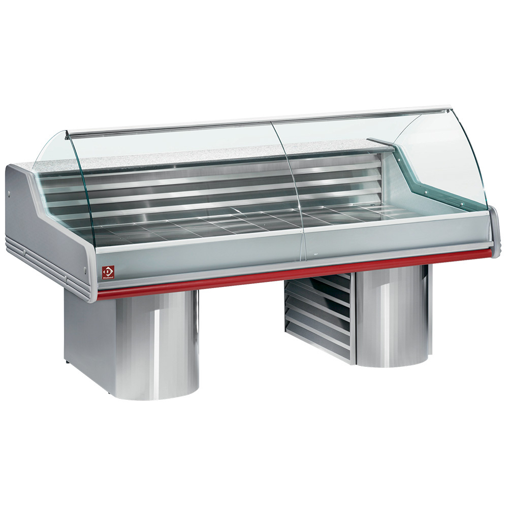 Gekoelde vitrine toonbank met gebogen ruit, op sokkels Gekoelde vitrine toonbank met gebogen ruit, op sokkels
