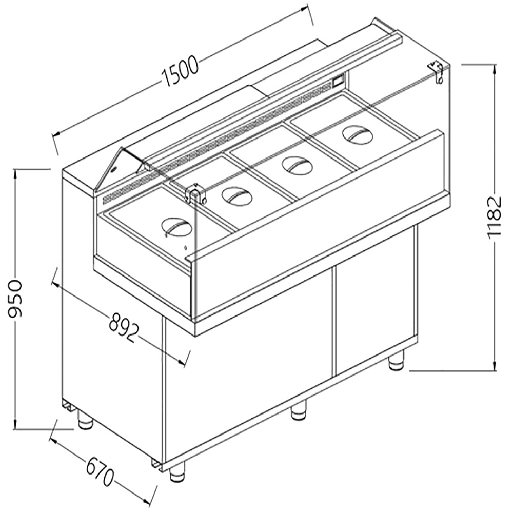Toonbank vitrine snack saladette_lage ruiten, groep op afstand Toonbank vitrine snack saladette_lage ruiten, groep op afstand