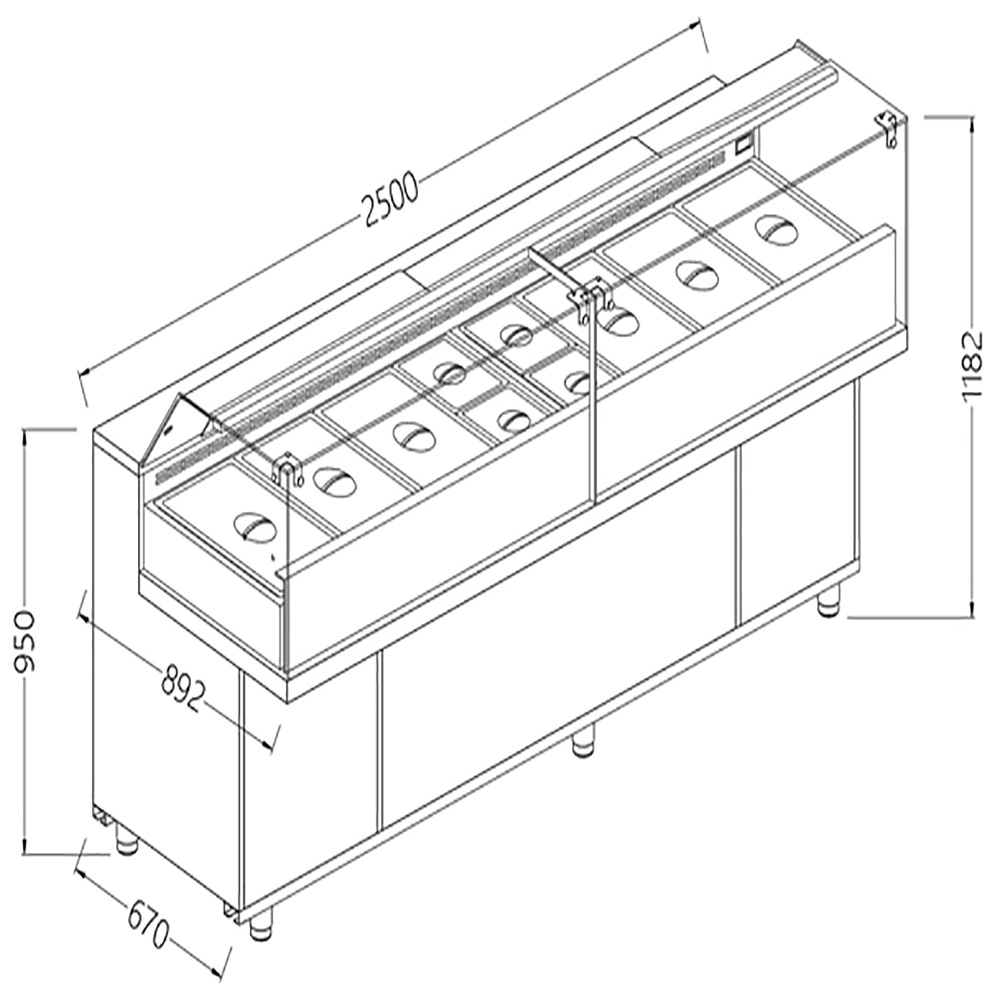 Toonbank vitrine snack saladette met reserve_lage ruiten, groep op afstand Toonbank vitrine snack saladette met reserve_lage ruiten, groep op afstand
