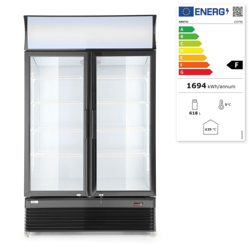 Backbar koelkast met lichtbak, dubbele deur, Arktic, 512L, Zwart, 220-240V/510W, 1120x585x(H)1900mm Backbar koelkast met lichtbak, dubbele deur, Arktic, 512L, Zwart, 220-240V/510W, 1120x585x(H)1900mm